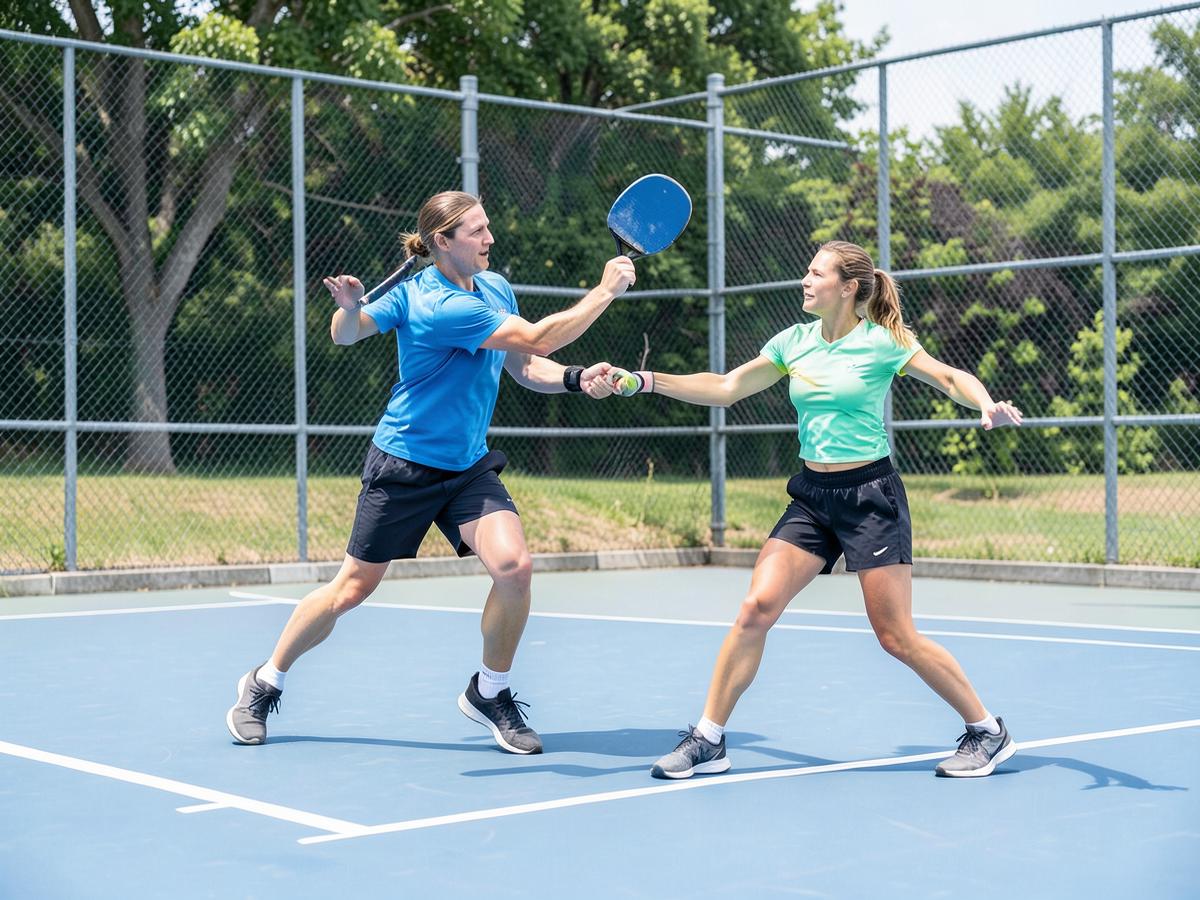 Two adults playing pickleball on an outdoor court