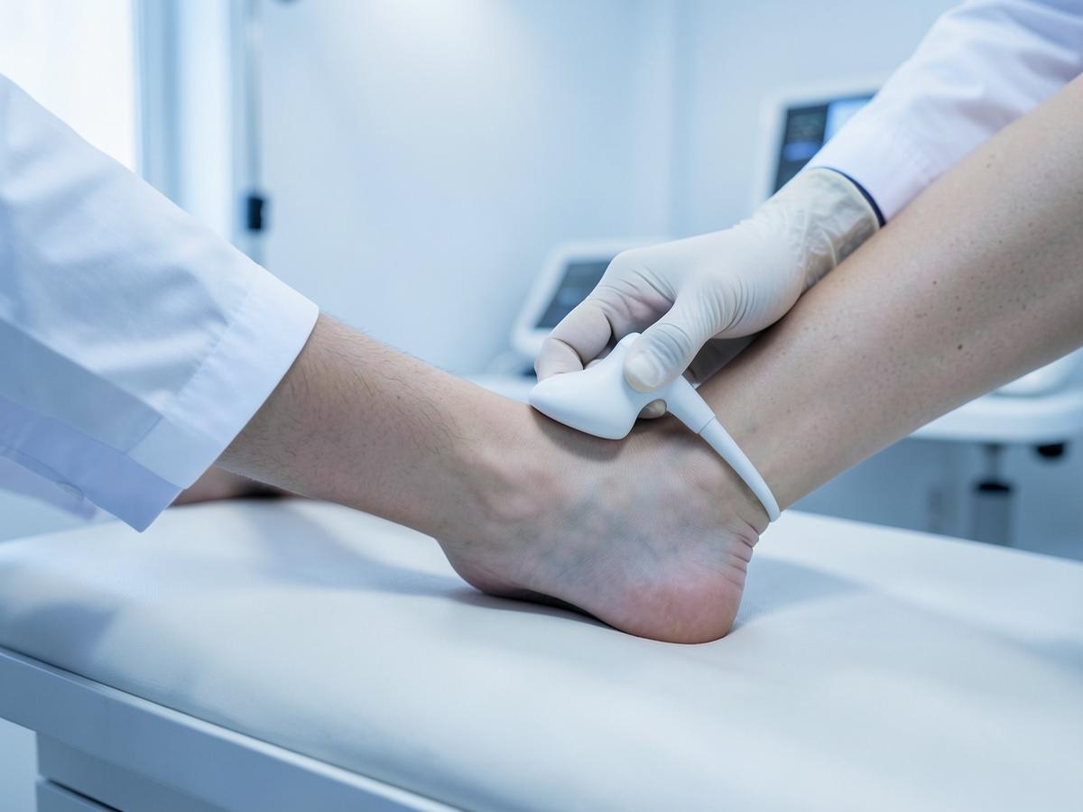 Clinician applying an acoustic shockwave applicator to a patient's heel